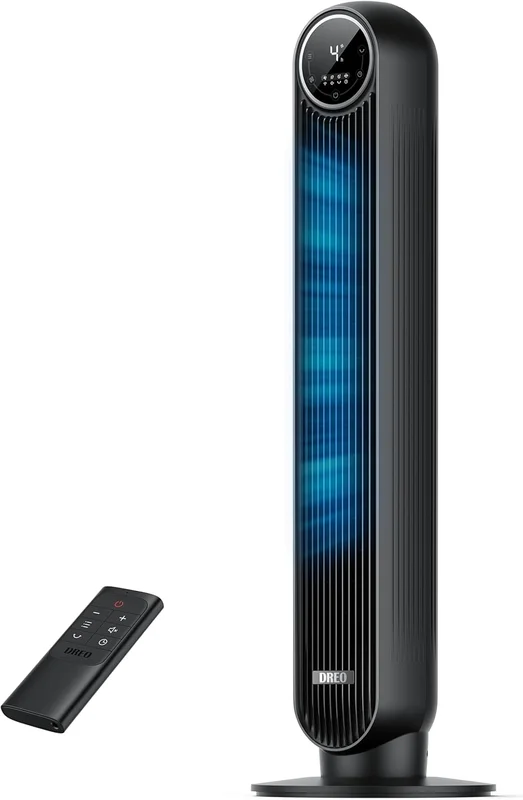 DREO Nomad One 20dB Quiet Tower Fan, Speed 7.6m/s - Oscillating 90° Tower Fans for Bedroom, 92cm High, Remote Control Included, 4 Speed, 4 Modes, 8H Timer, Black