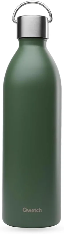 Qwetch - Active Insulated Bottle Khaki 1L - Bottle with Recycled Stainless Steel Handle - 24h Cold and 12h Hot - Waterproof & Compact