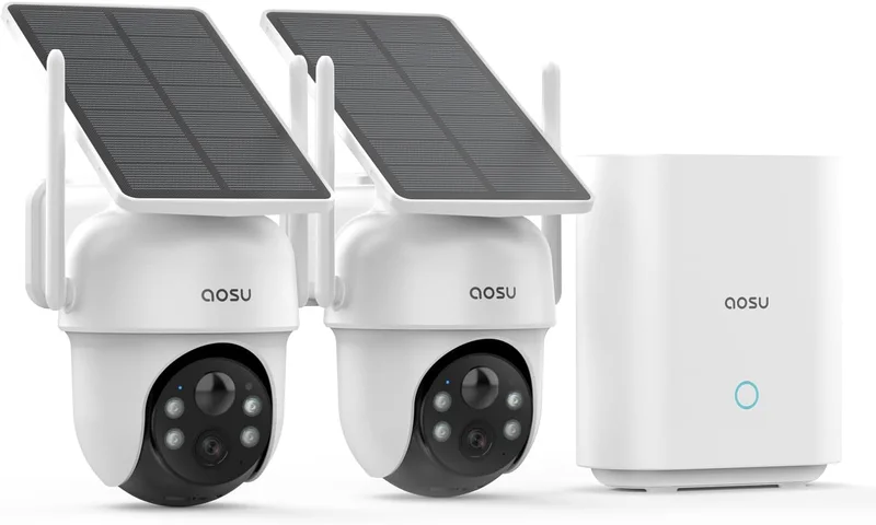 aosu 2K Camera Surveillance WiFi Exterieure sans Fil Solaire, Kit 2 Caméras + aosuBase, sans Abonnement Requis Stockage Local, 360° PTZ Suivi Automatique Détection Vision Nocturne Couleur, 5G/2.4GHz
