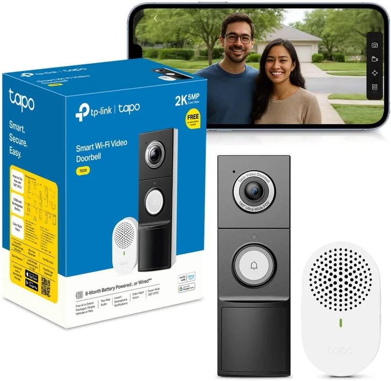 Tapo D235 Sonnette sans Fil avec Camera 2K+ 5MP, IP66 étanche, 180° Vision Ultra-Large, Vision Nocturne Couleur, Audio Bidirectionnel, Détection AI Gratuite