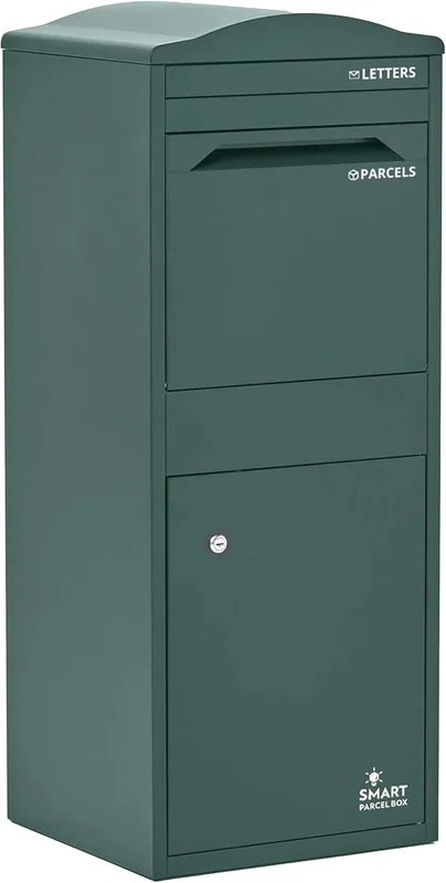 SMART PARCEL BOX Post Box on Stand, Outdoor Parcel Box, Galvanised Steel, Large, Lock 3 Keys, Dark Green, 41.5 x 38.5 x 104 cm