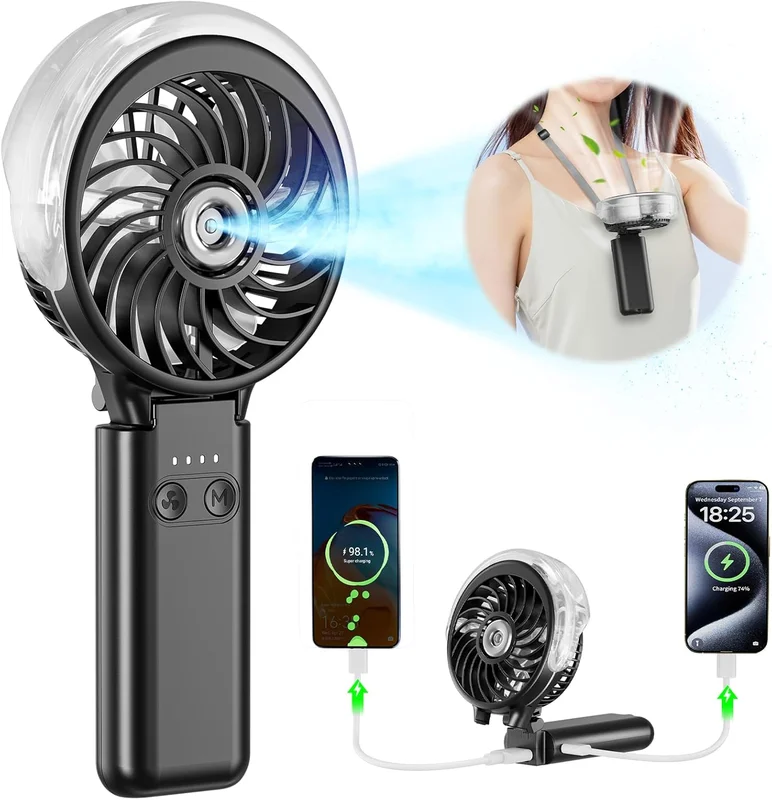 HandFan Ventilateur brumisateur portable 5200 mAh avec chargeur, ventilateur personnel rechargeable, ventilateur de brume d'eau à piles, mini ventilateur à main pour femme, voyage, plage, extérieur