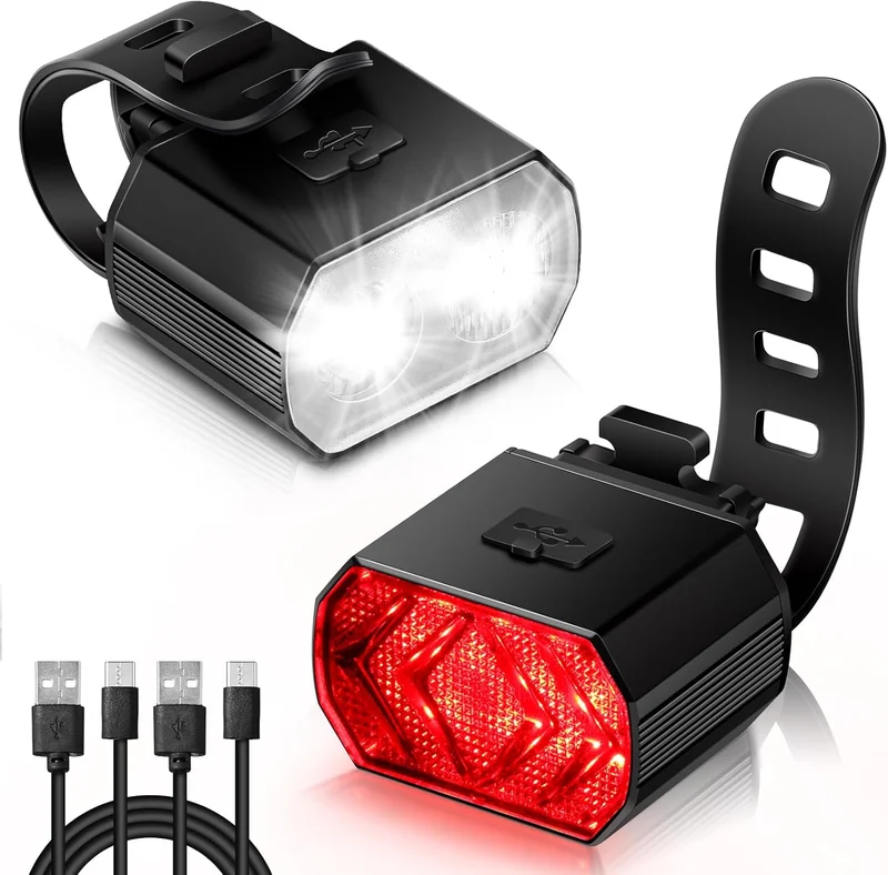 Vinabo Bike Lights Kit - Headlight and Tail Light, Long Battery Life, USB Charging, IPX6 Waterproof, 6 Lighting Modes, Lightweight and Durable, Suitable for All Bikes and Various Cycling Conditions